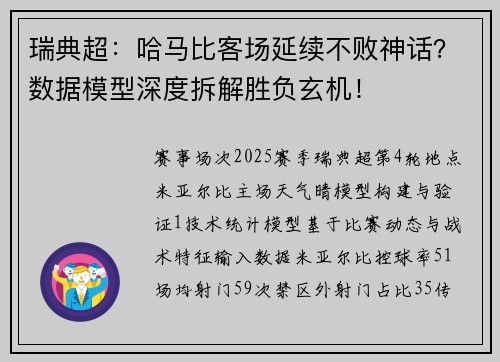 瑞典超：哈马比客场延续不败神话？数据模型深度拆解胜负玄机！